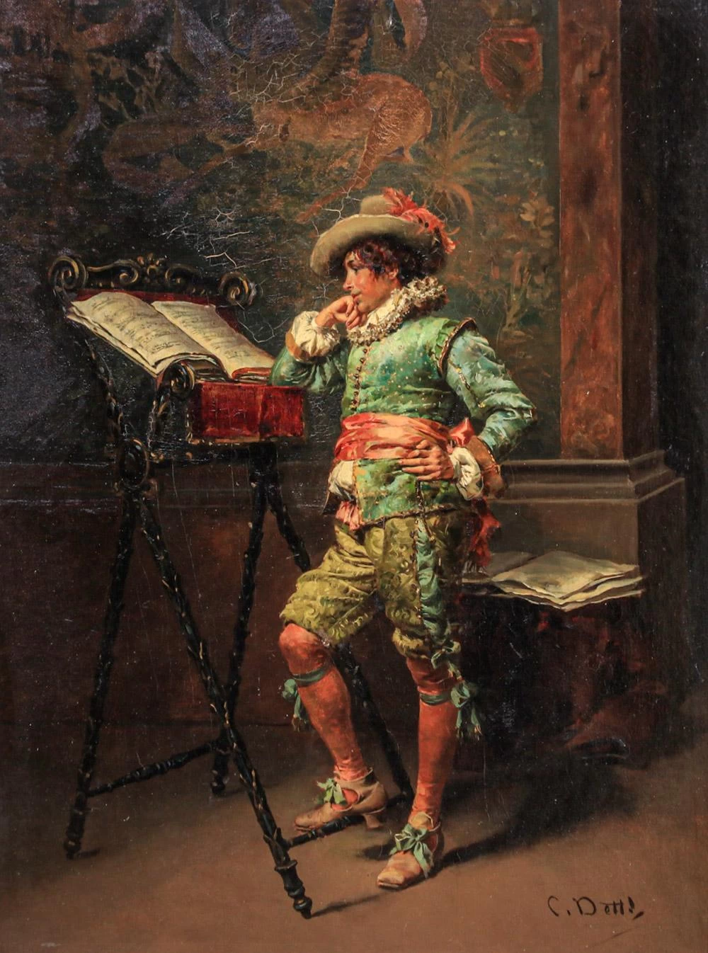 Cesare Detti - cavaliere che studia uno spartito musicale c1880
